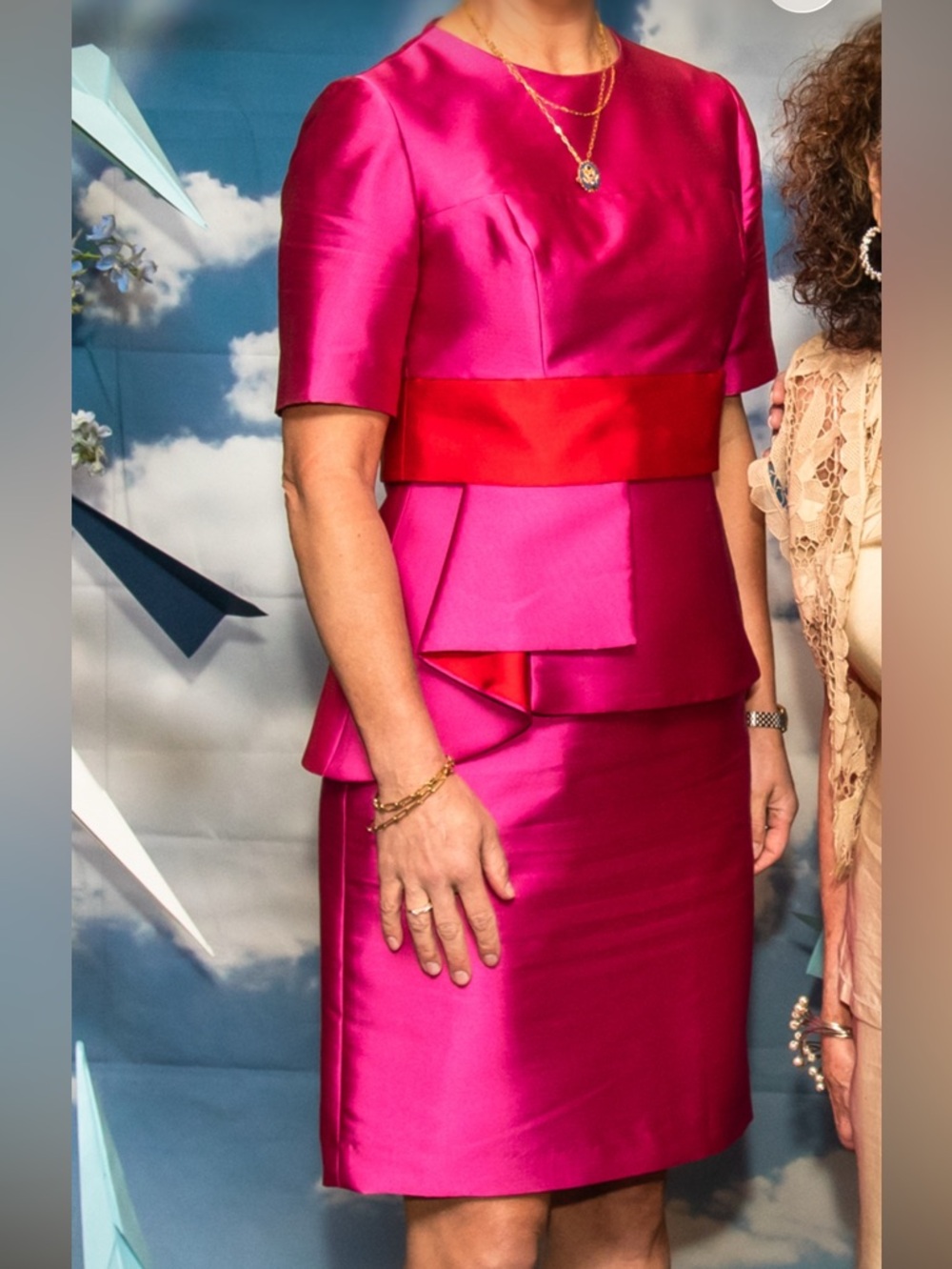 Fuchsia Midi Dress with Red Waistband - Tailored Peplum Silhouette